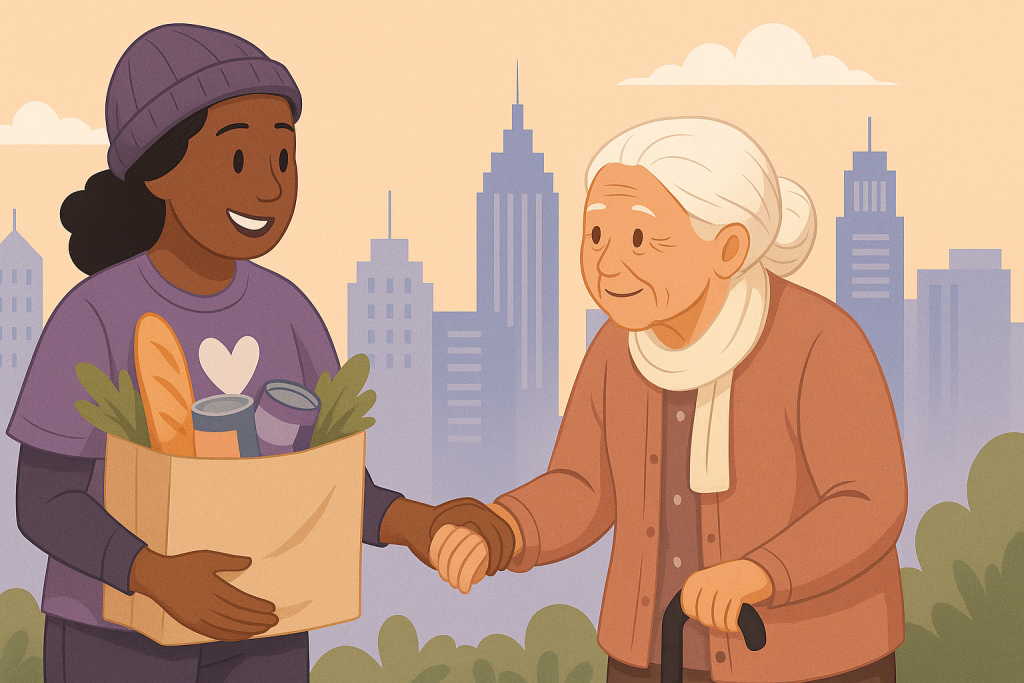 Young volunteer helping elderly woman with groceries in city background