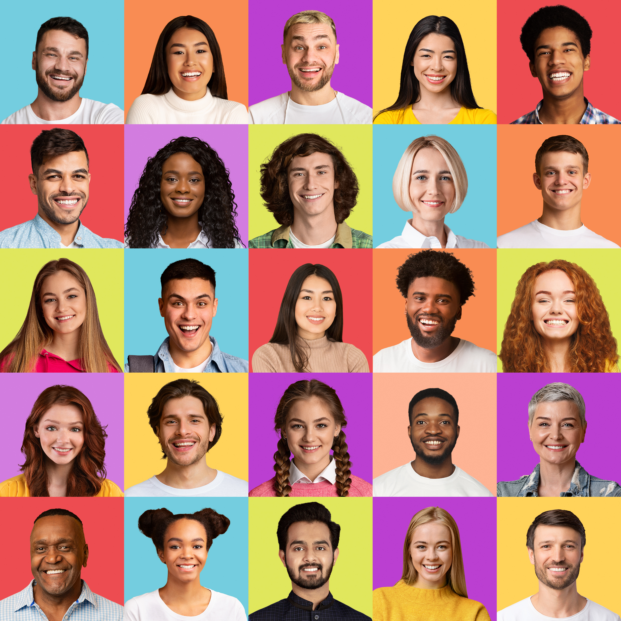 Portraits Set Of Cheerful Mixed Men And Women Smiling Posing Over Colorful Studio Backgrounds. Diverse People Faces In Collage. Multiethnic Society Concept. Square